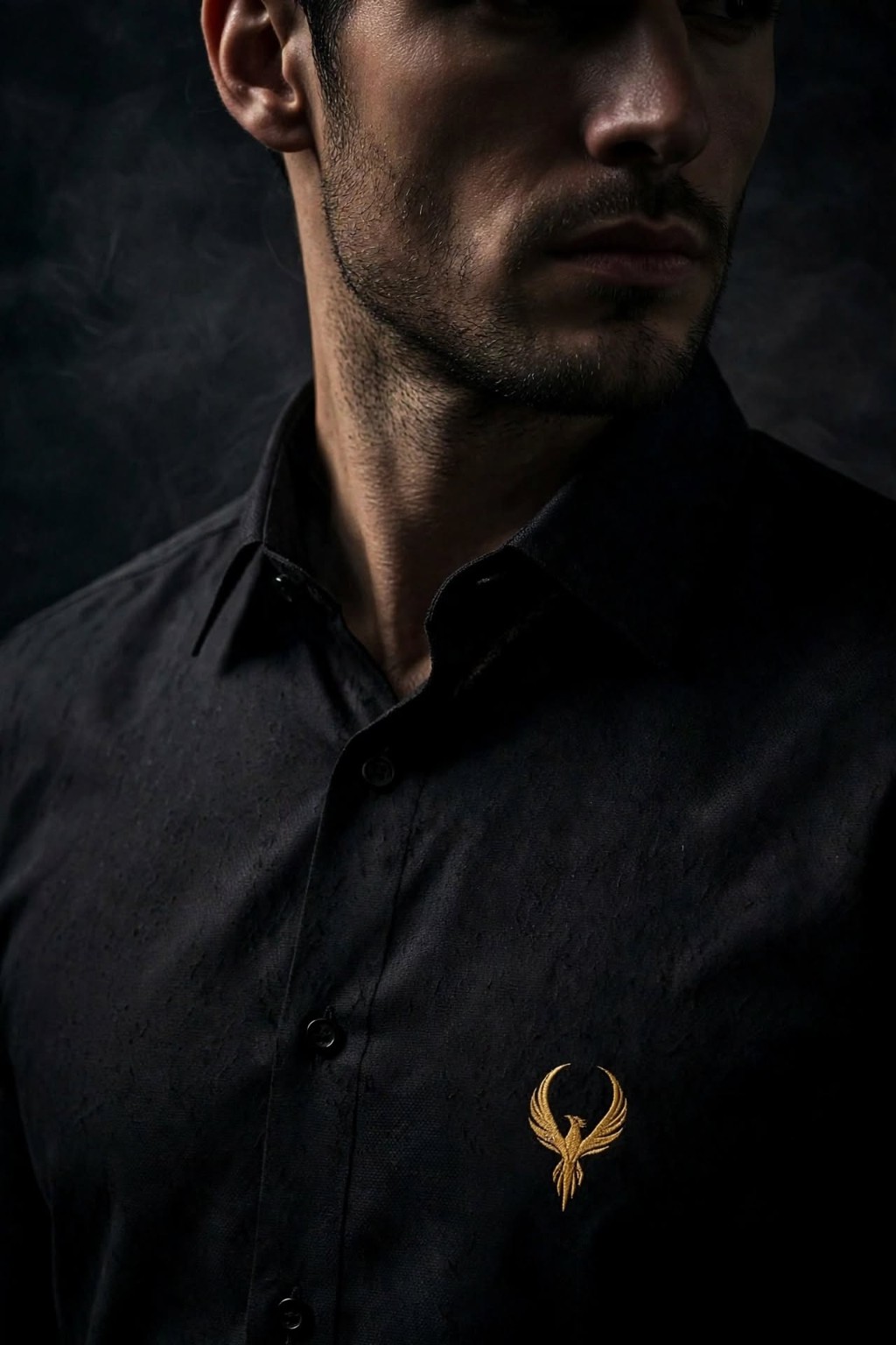Model wearing a premium black shirt with the gold BARIZONE phoenix emblem
